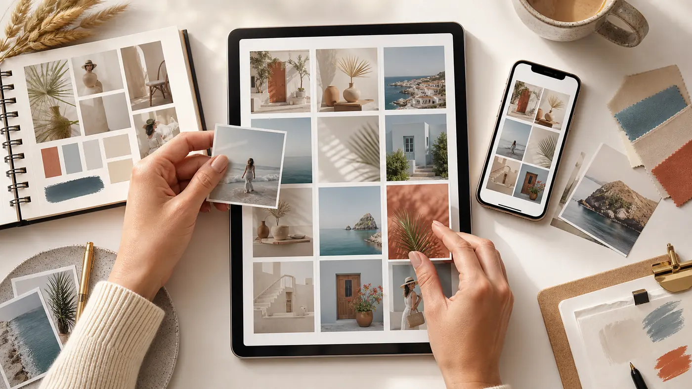 Creator desk with a tablet showing a 3-column Instagram feed preview and photo planning cards