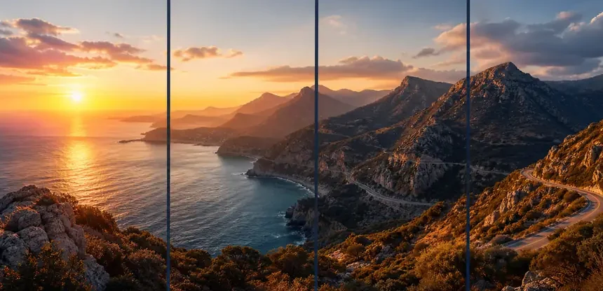 Wide landscape split into four panorama tiles