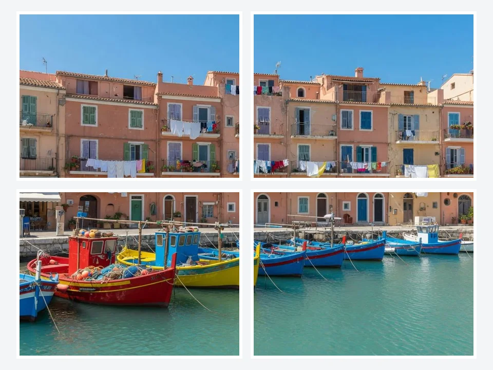The same harbor photo split into four tiles