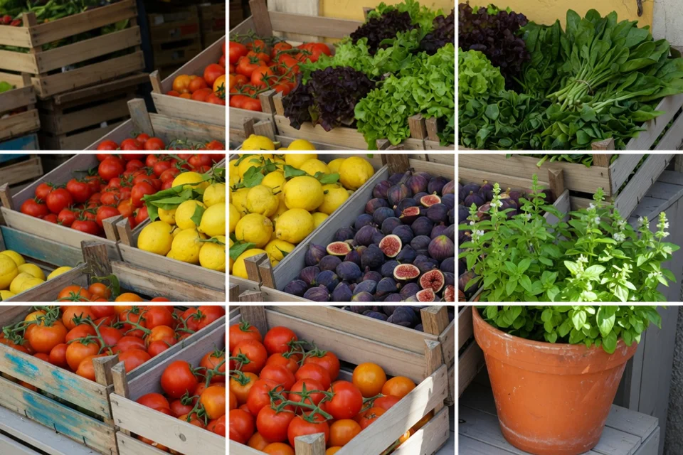 The same market photo with a 3 by 3 Instagram grid overlay