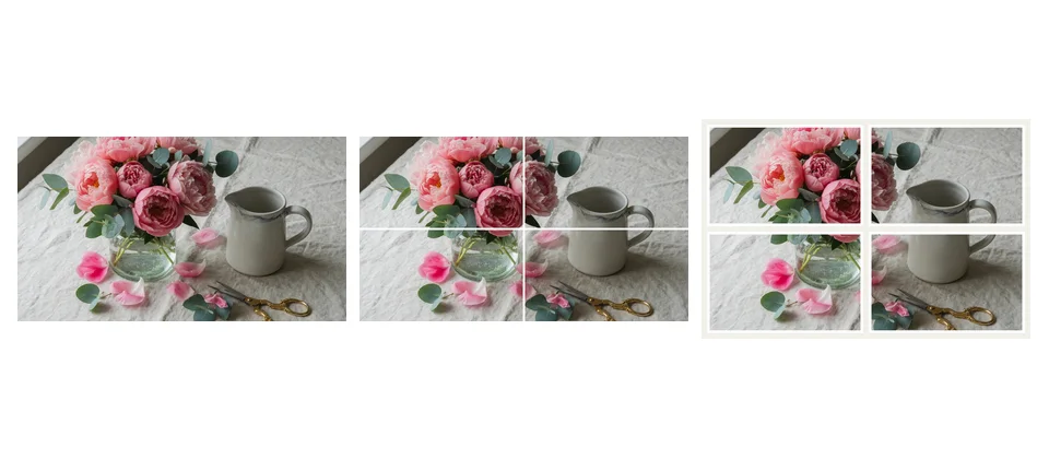 Three steps to split image for printing: upload, grid, print tiles